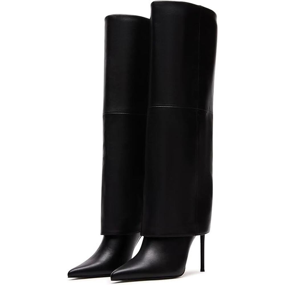 Knee High Boots Women Fold Over Pointed Toe Stiletto Heel Tall Slouchy...
